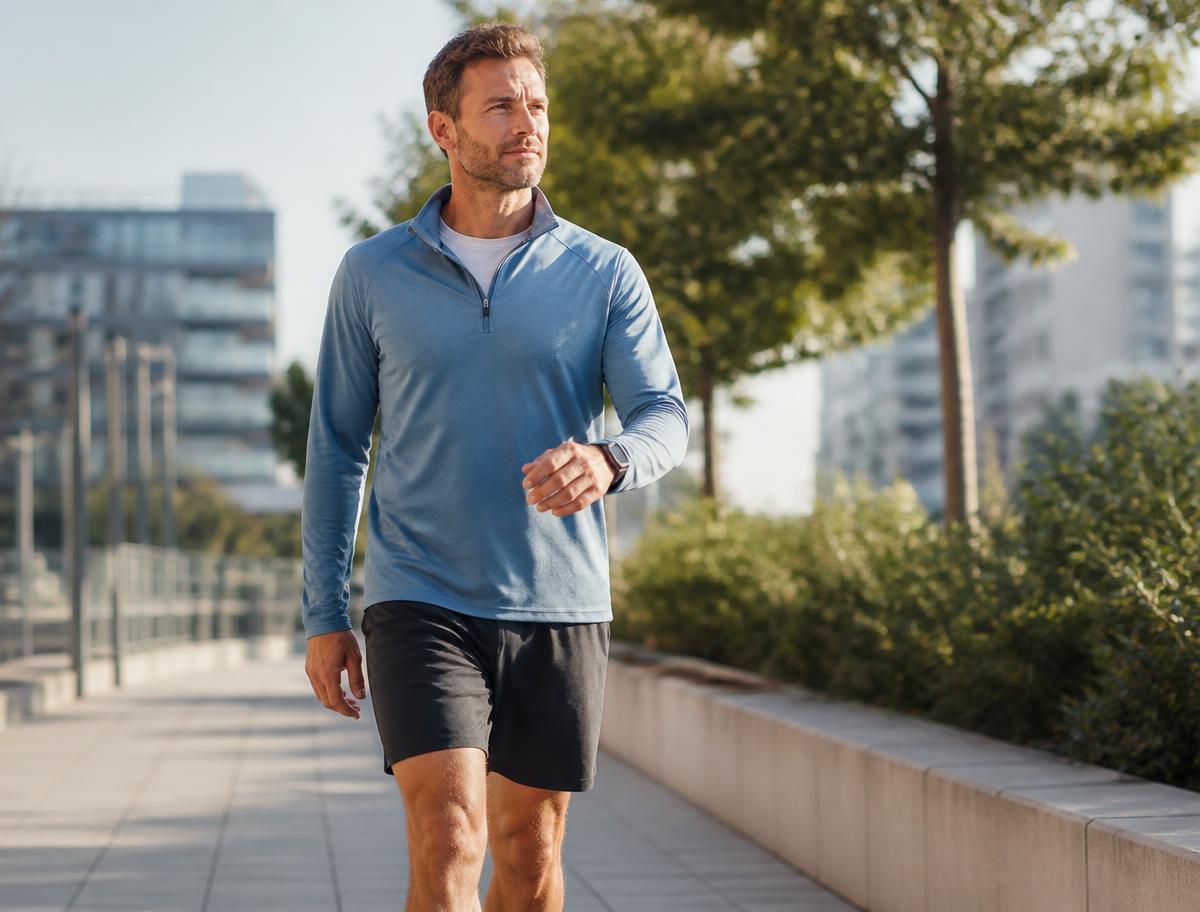 A man walking outdoors in athletic wear on a sunlit city path