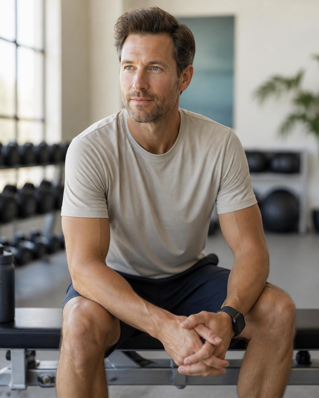 A man in his forties seated on a bench in a bright gym, looking ahead with a calm expression