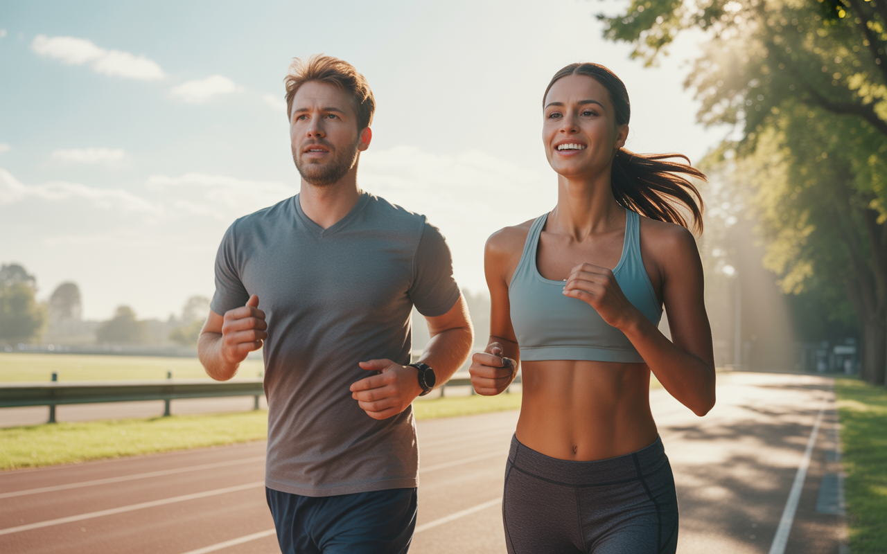Man and woman running on an outdoor track