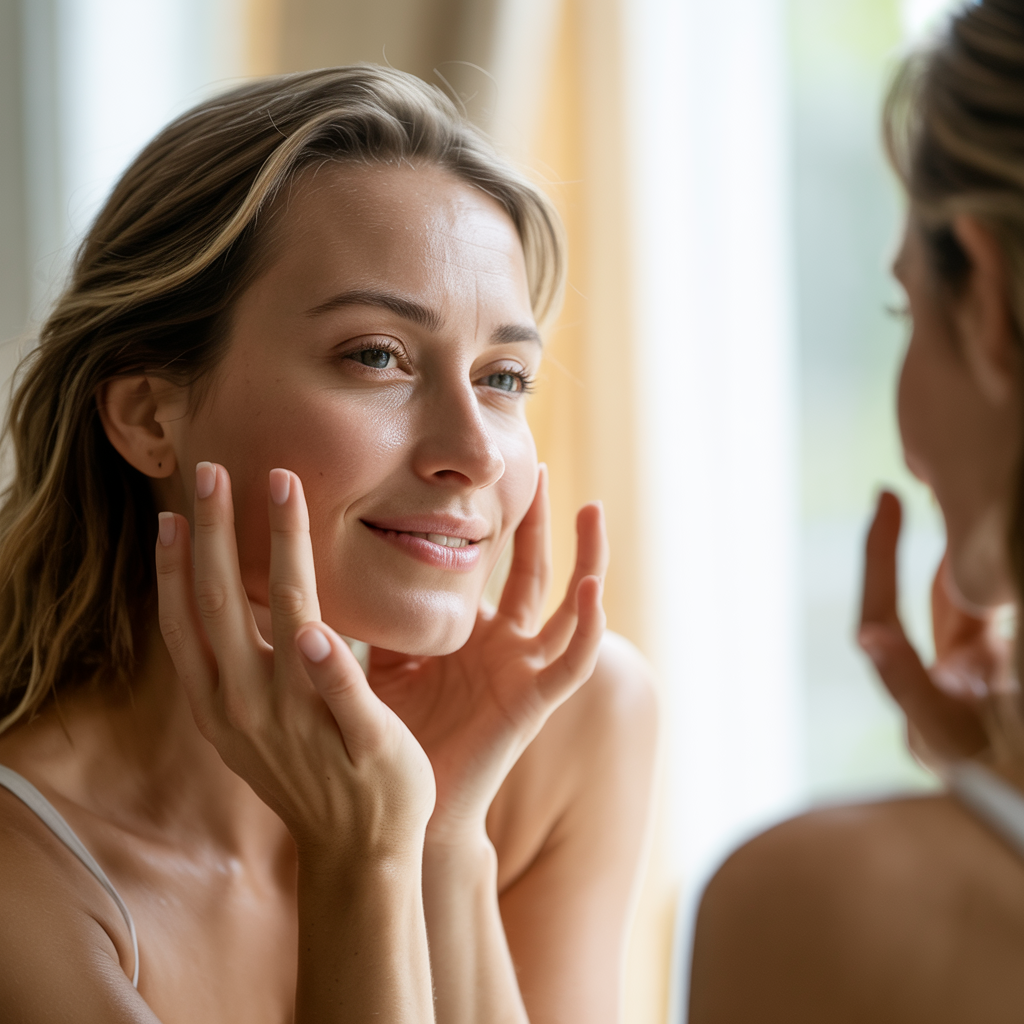 Woman touching her face in soft natural light