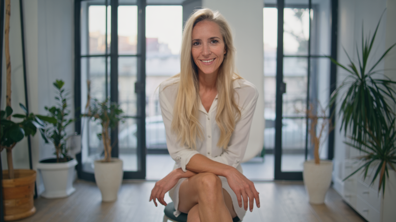 Jessica, founder of Clarity Wellness Coaching, seated in a bright, calm living room