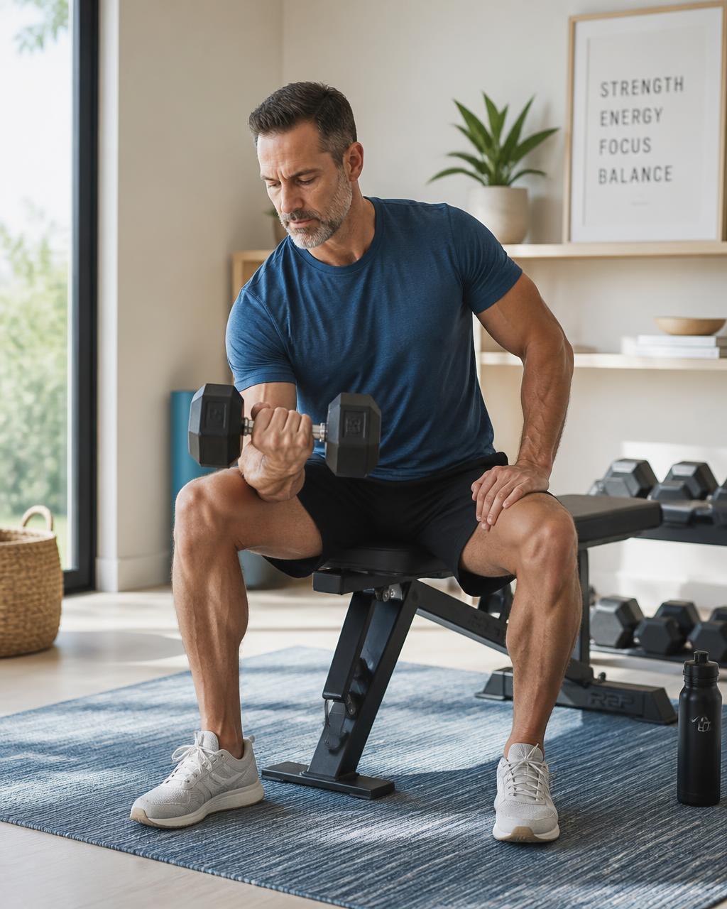 A man in his forties performing a dumbbell strength set in a bright home gym