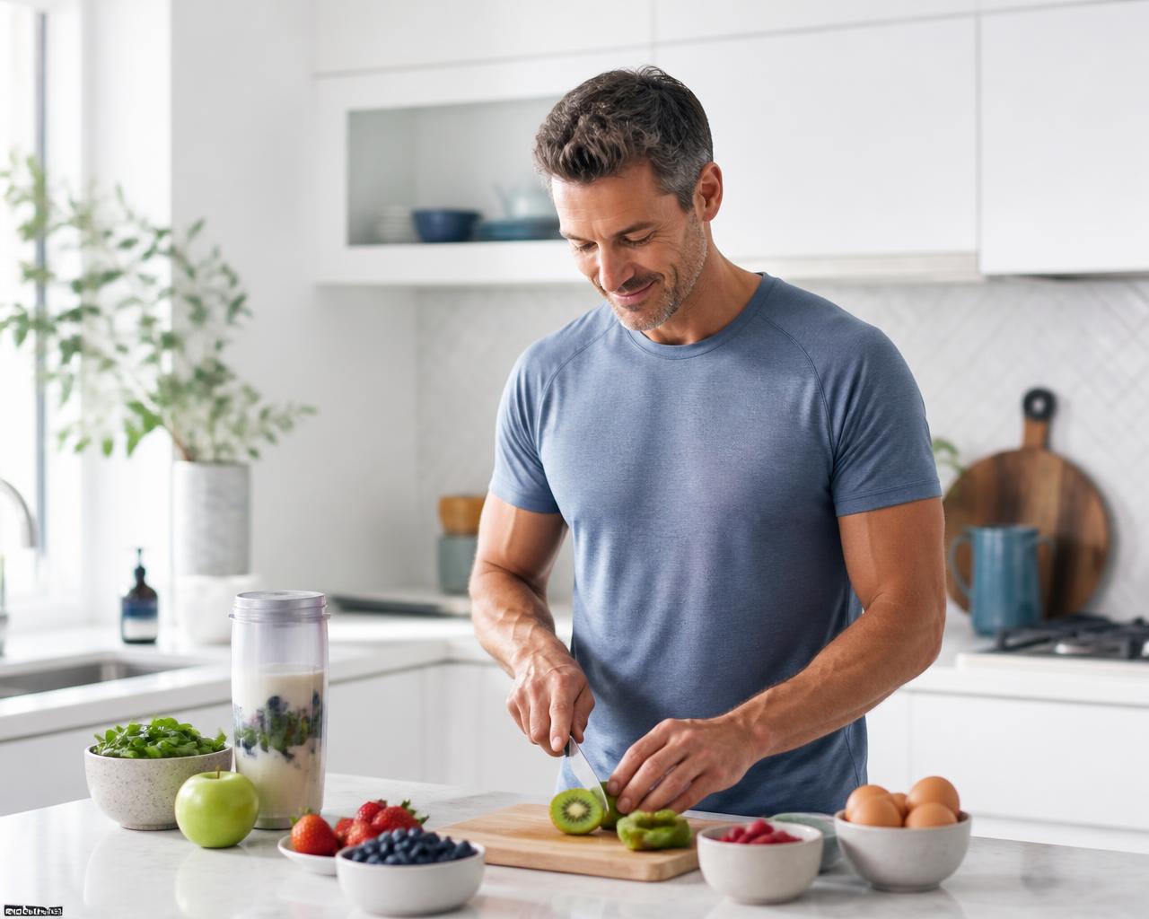 A man preparing a fresh, protein-rich breakfast in a bright modern kitchen