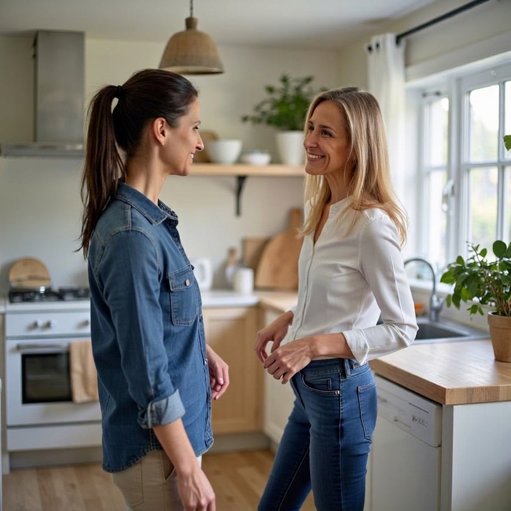 Two women having a friendly conversation in a bright kitchen